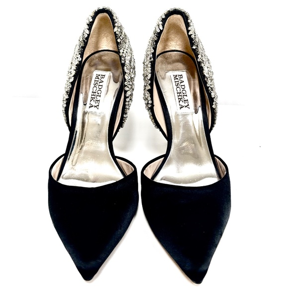 Badgley Mischka Volare Black Satin Crystal Embellished Stiletto Heels US5.5 - Picture 10 of 13